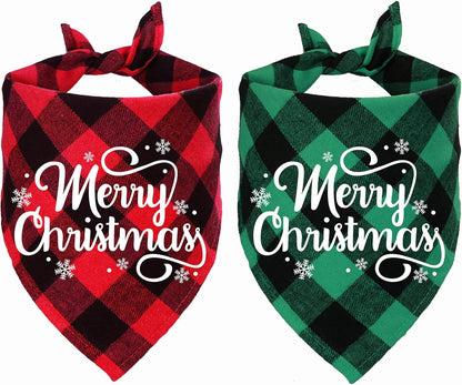 2 Pack Christmas Plaid Dog Bandanas, Merry Christmas Snowflake Holiday Plaid Dog Bandanas for Small Medium Dog Christmas Costume Decorations (Red & Green, White Merry Christmas)