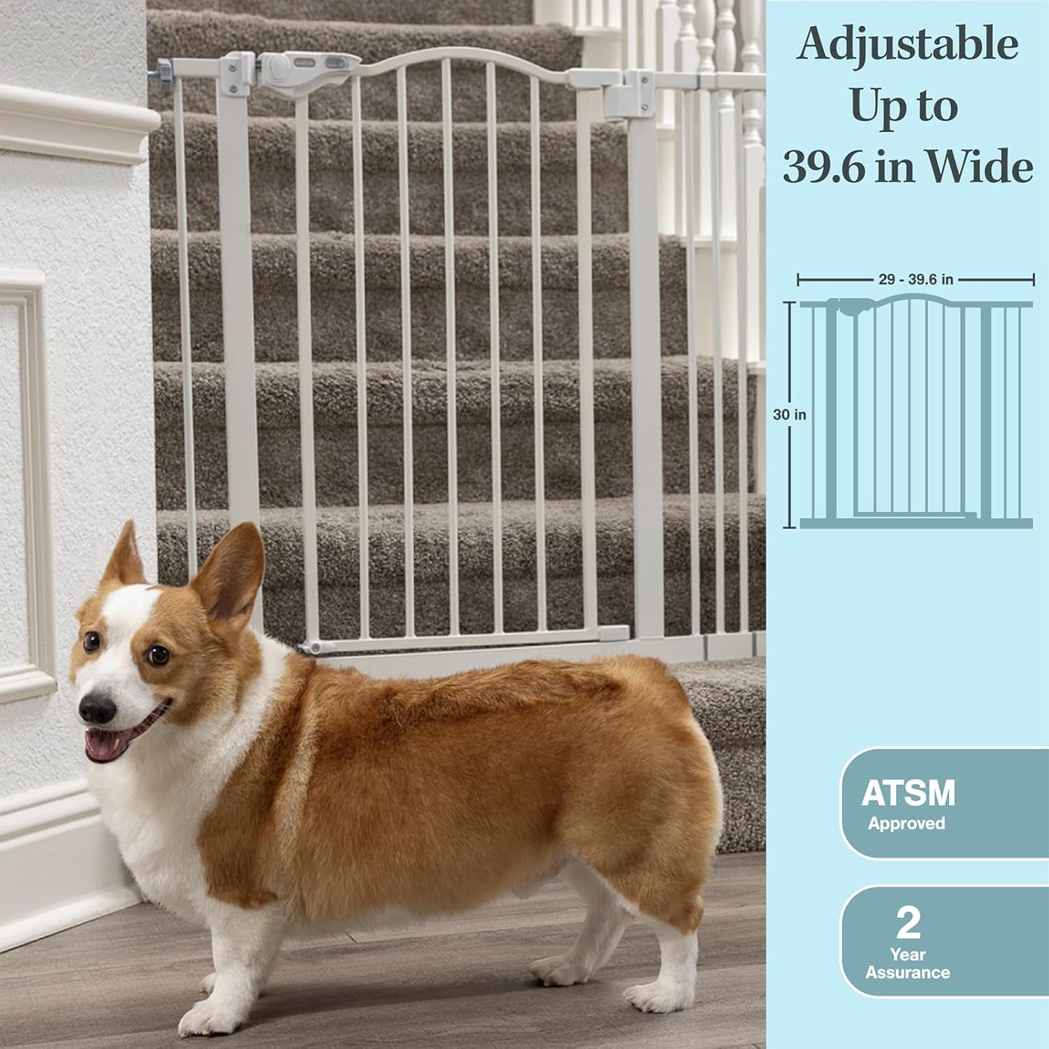 29-39.6" Baby Gate for Stairs, Auto Close Both Sides Dog Gate with One-Hand Opening, 30" Tall Safety Gates for Pets, Hallways, Bedrooms, Wall Pressure Mount No Drill, White